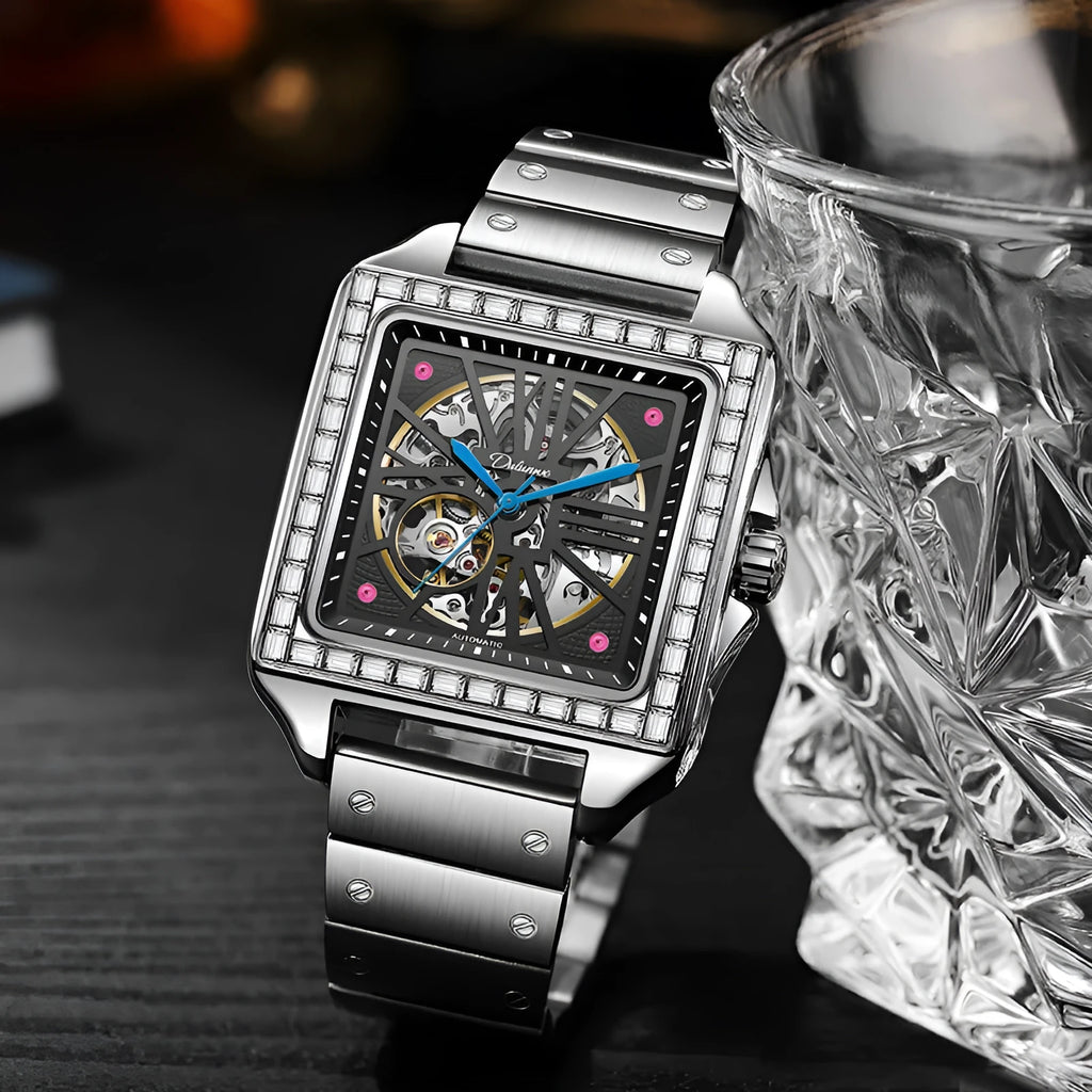 Men's square automatic watch with diamond-studded design on stainless steel case with leather strap