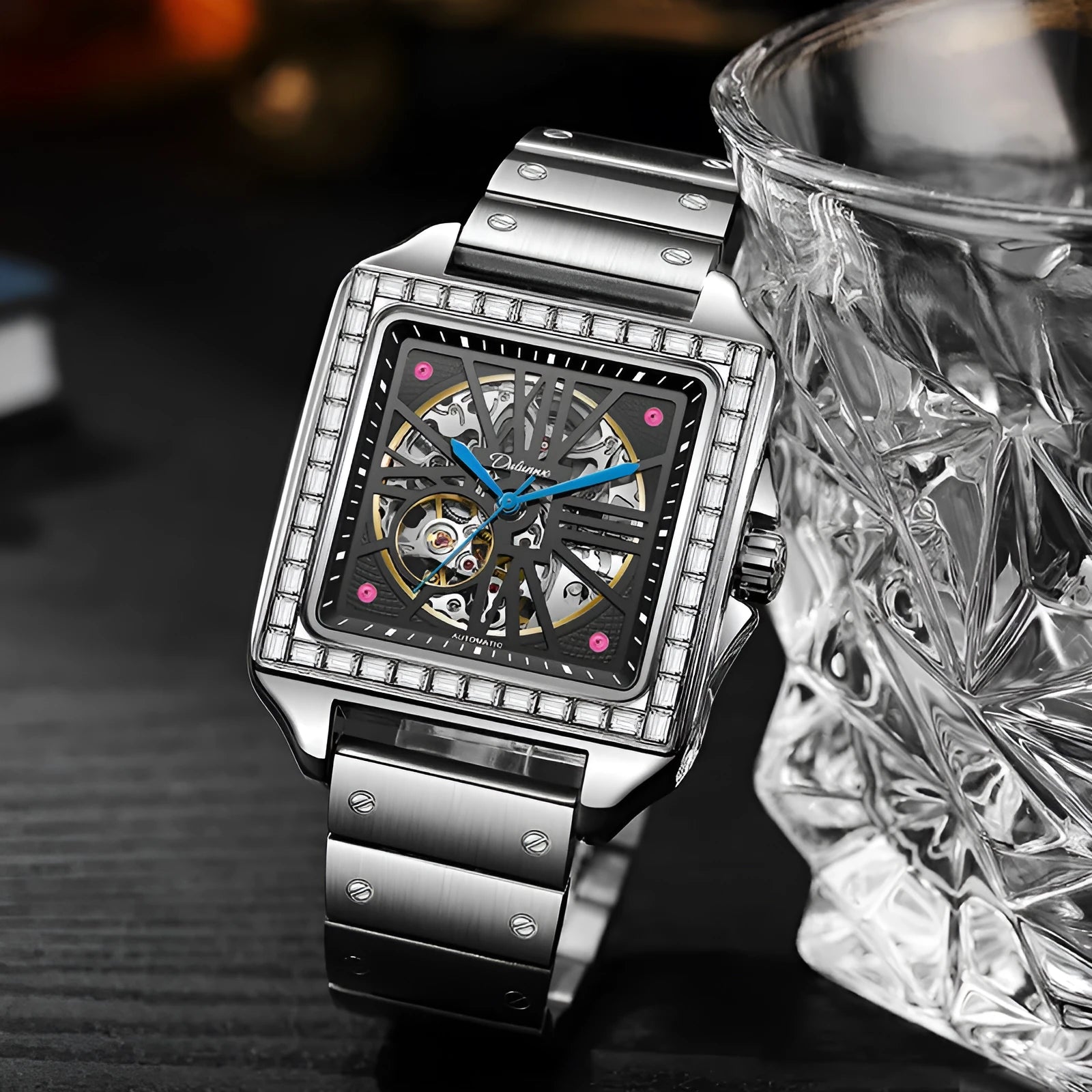 Men's square automatic watch with diamond-studded design on stainless steel case with leather strap