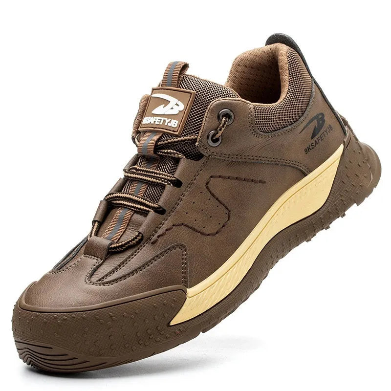 Flyknit work safety shoes in leather with rubber sole for construction and warehouse use