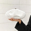Women's hard ABS oval chain crossbody clutch in white with three-dimensional outer pocket and cotton lining