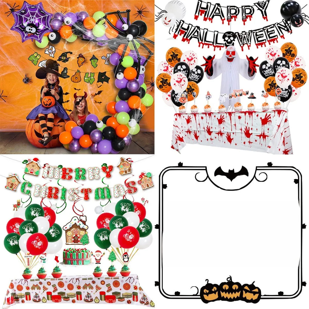 Halloween balloon decoration set with skull and pumpkin designs for spider arch display