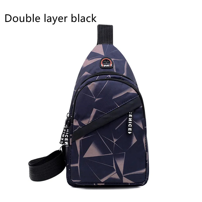 Men's print sling chest bag with earphone hole, Oxford cloth construction, showing front view with zipper opening