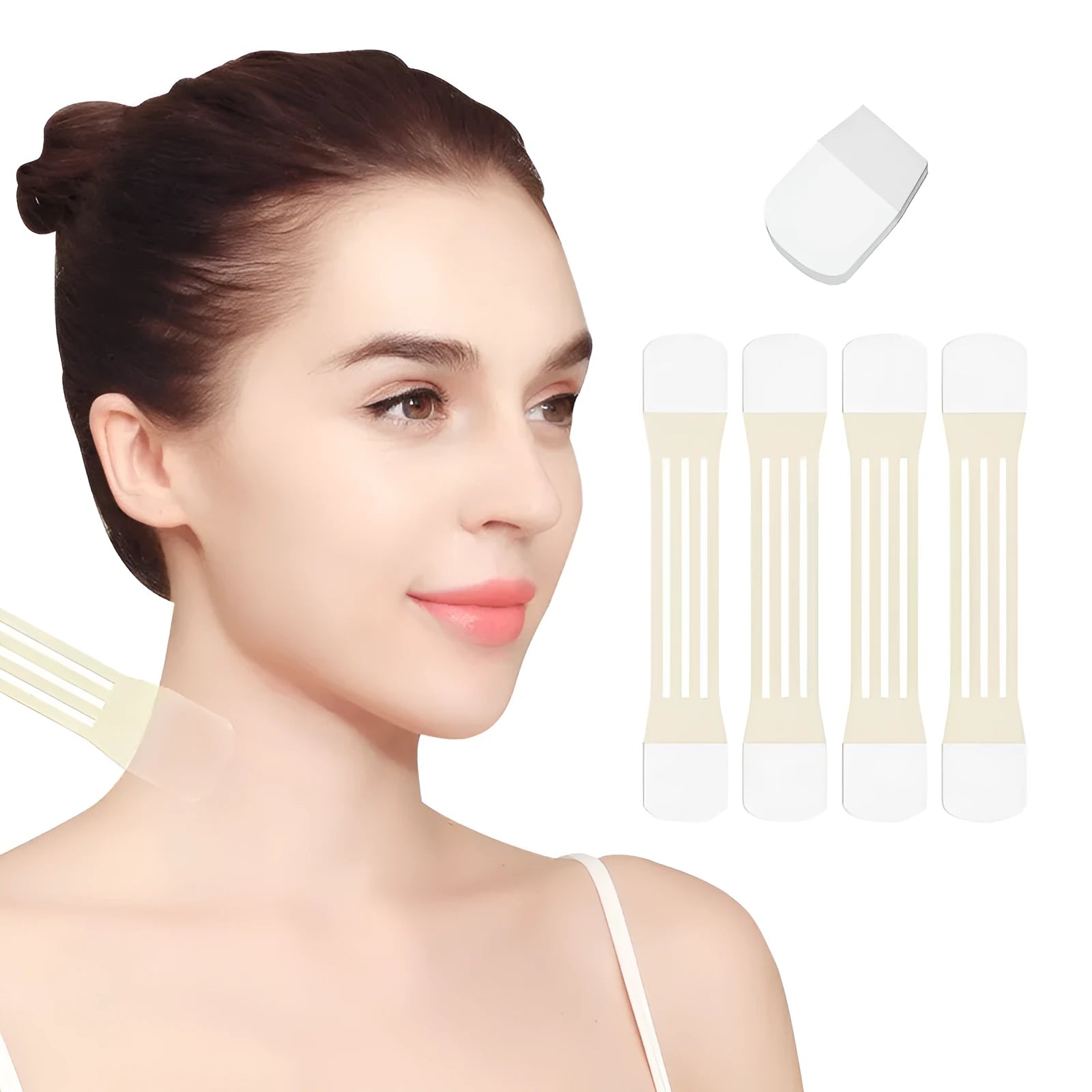V27 neck pattern sling firming tape set with skin-tone adhesive patches on card