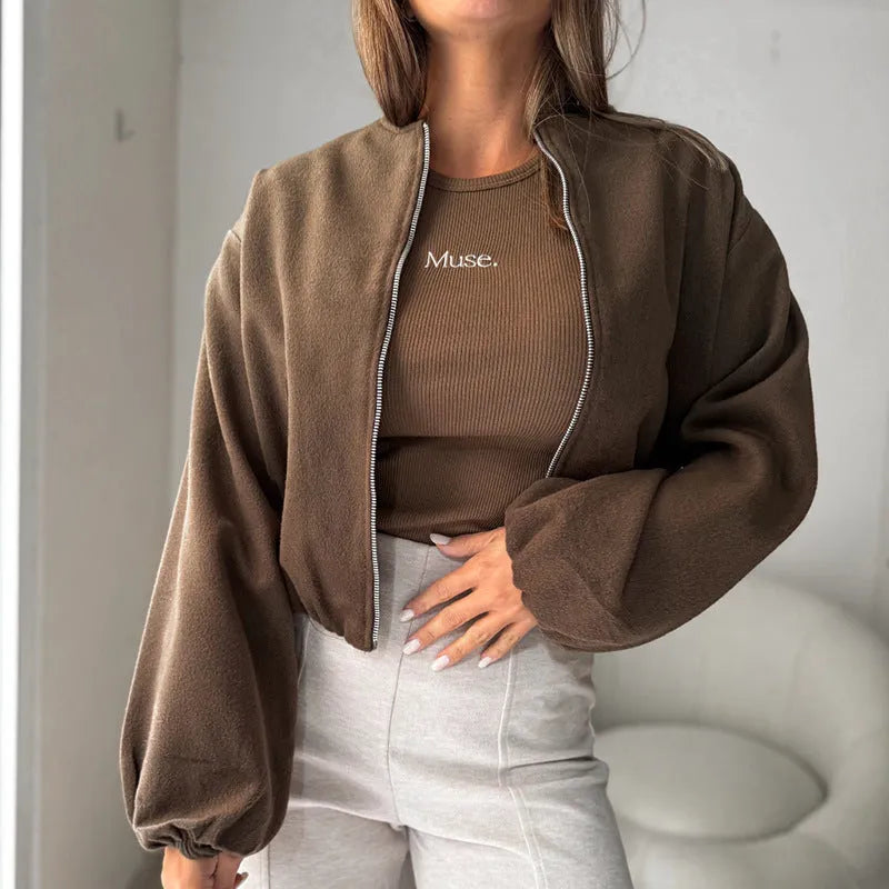 Women's off-shoulder round neck short coat with lantern sleeves in brown colour