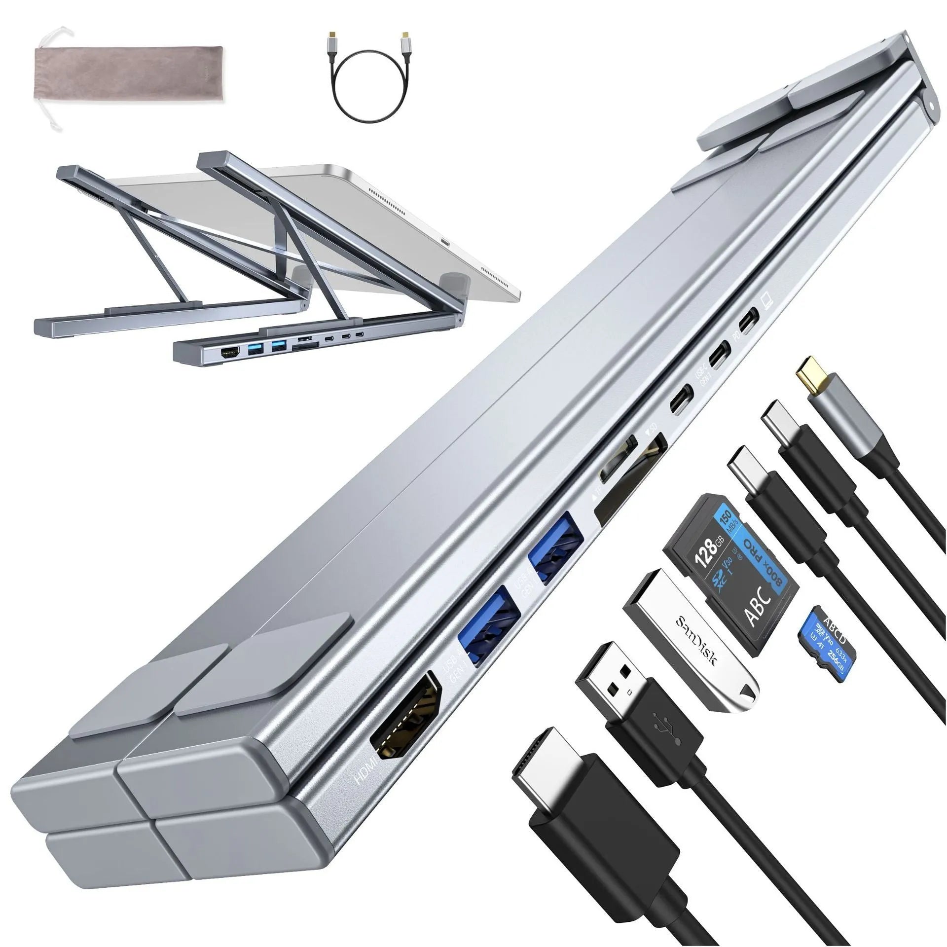 Aluminium alloy laptop docking station with foldable stand and multi-interface hub