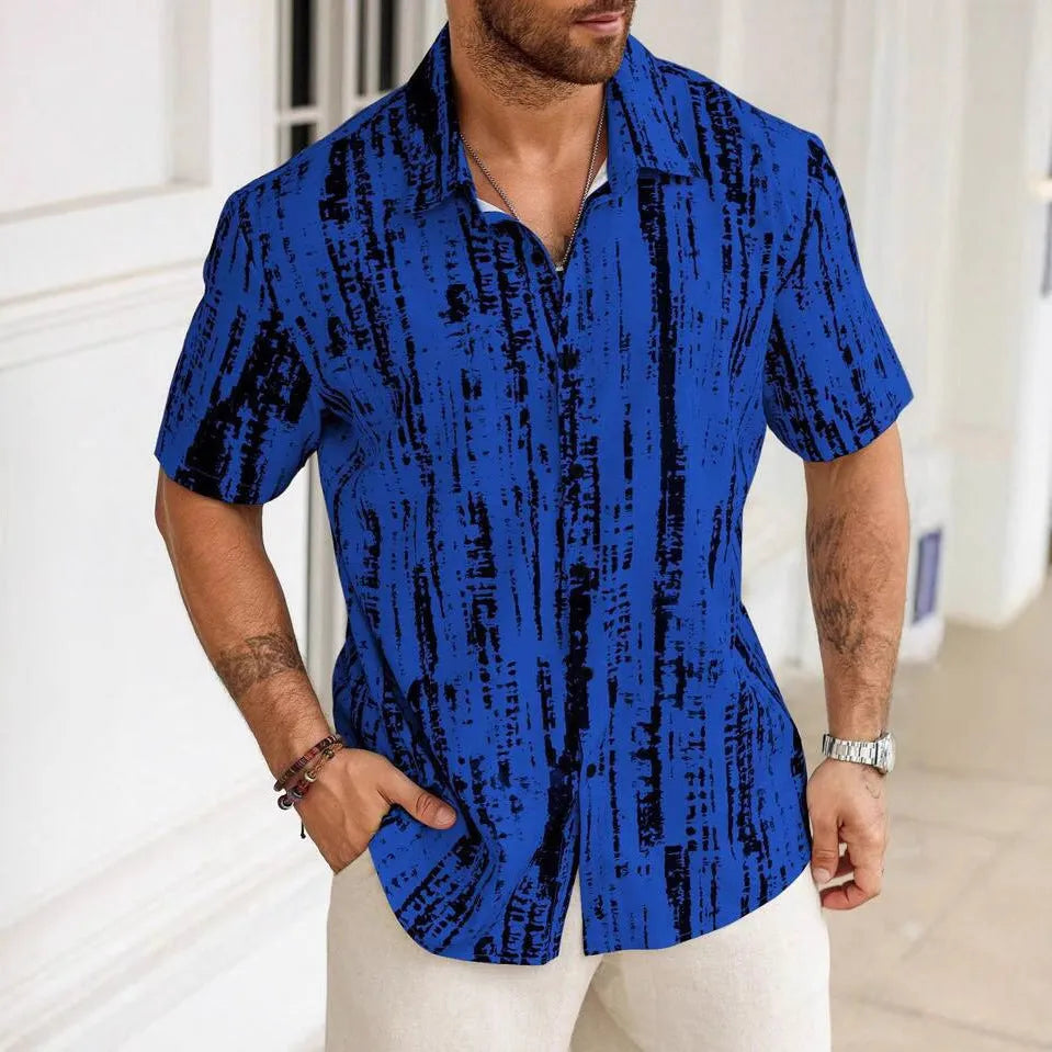 Men's 3D printed striped short sleeve shirt in apricot colour with anti-wrinkle polyester fabric
