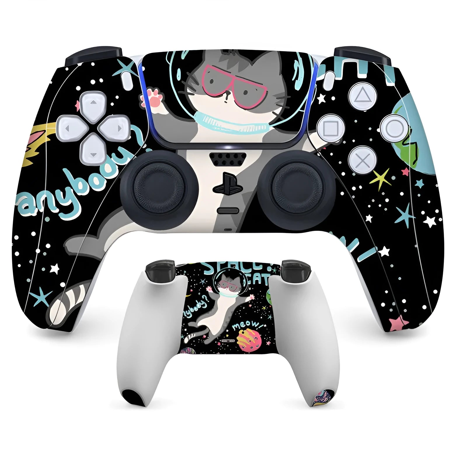 PS5 controller protective sticker kit showing front and back skins in one of eight available styles.