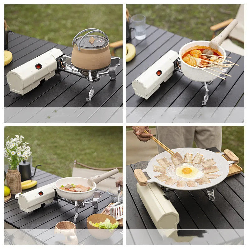 Green folding camping gas stove with adjustable valve and anti-slip feet for outdoor cooking