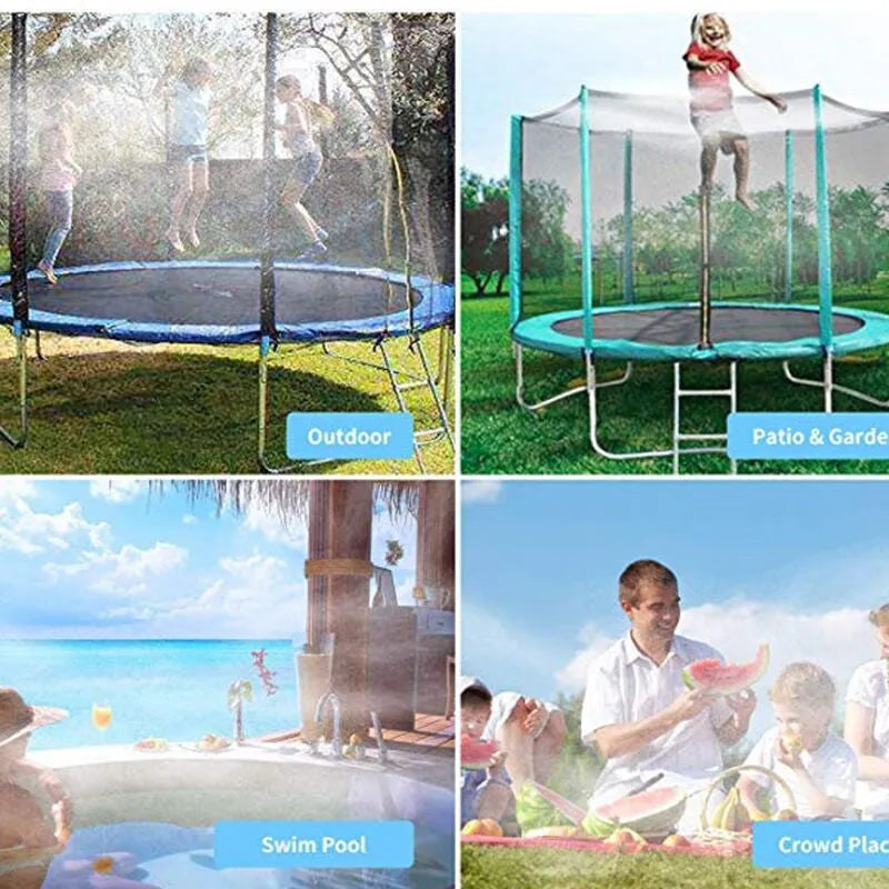 Blue or orange portable garden sprinkler with solar water cooling and PVC hose in three length options