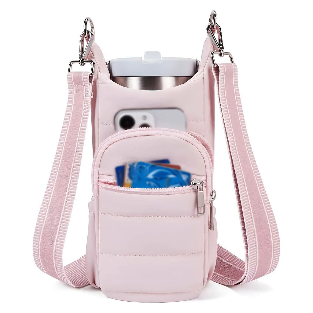 Cloth cycling water bottle bag in beige colour positioned on bicycle frame