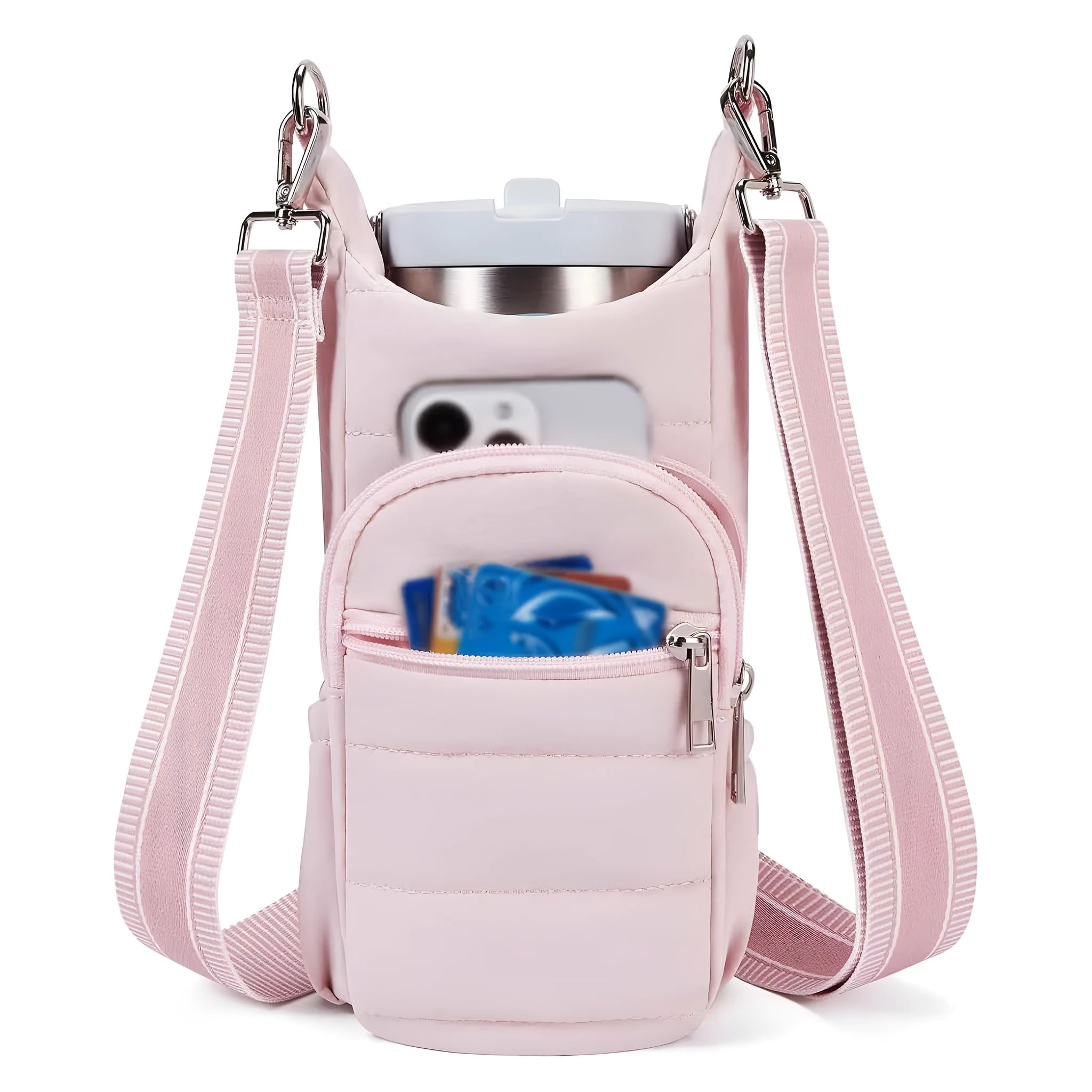 Cloth cycling water bottle bag in beige colour positioned on bicycle frame