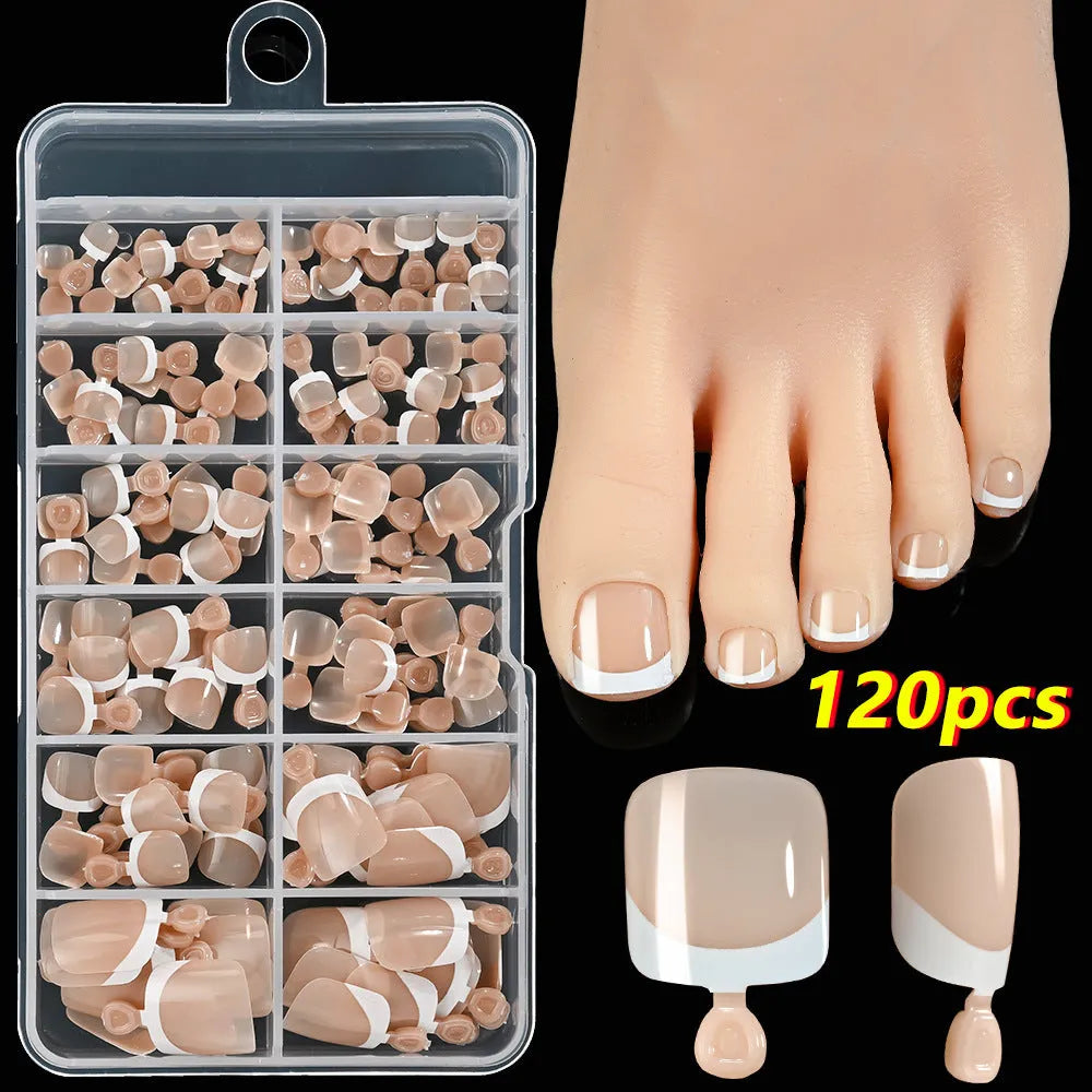 Open box showing 120 French white tip nude square false toe nails in assorted shades.