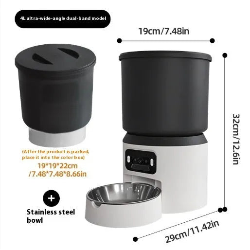 White 4-litre smart pet feeder with LCD screen, featuring a stainless steel bowl on a grey placemat.