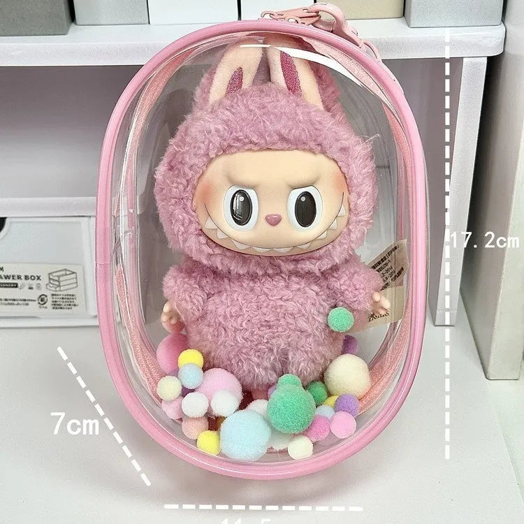 Transparent 17cm PVC cube storage bag with colourful ball keychain in avocado green colour