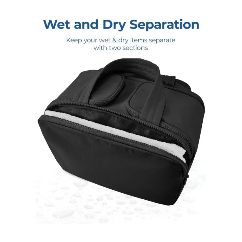 Large lightweight travel wash bag in beige colour with wide-opening design showing interior space