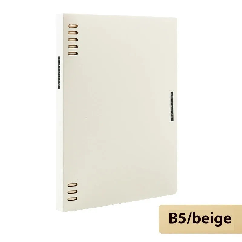 Loose-leaf spiral notebook with PP cover open, showing raw wood pulp pages in A5 or B5 size.