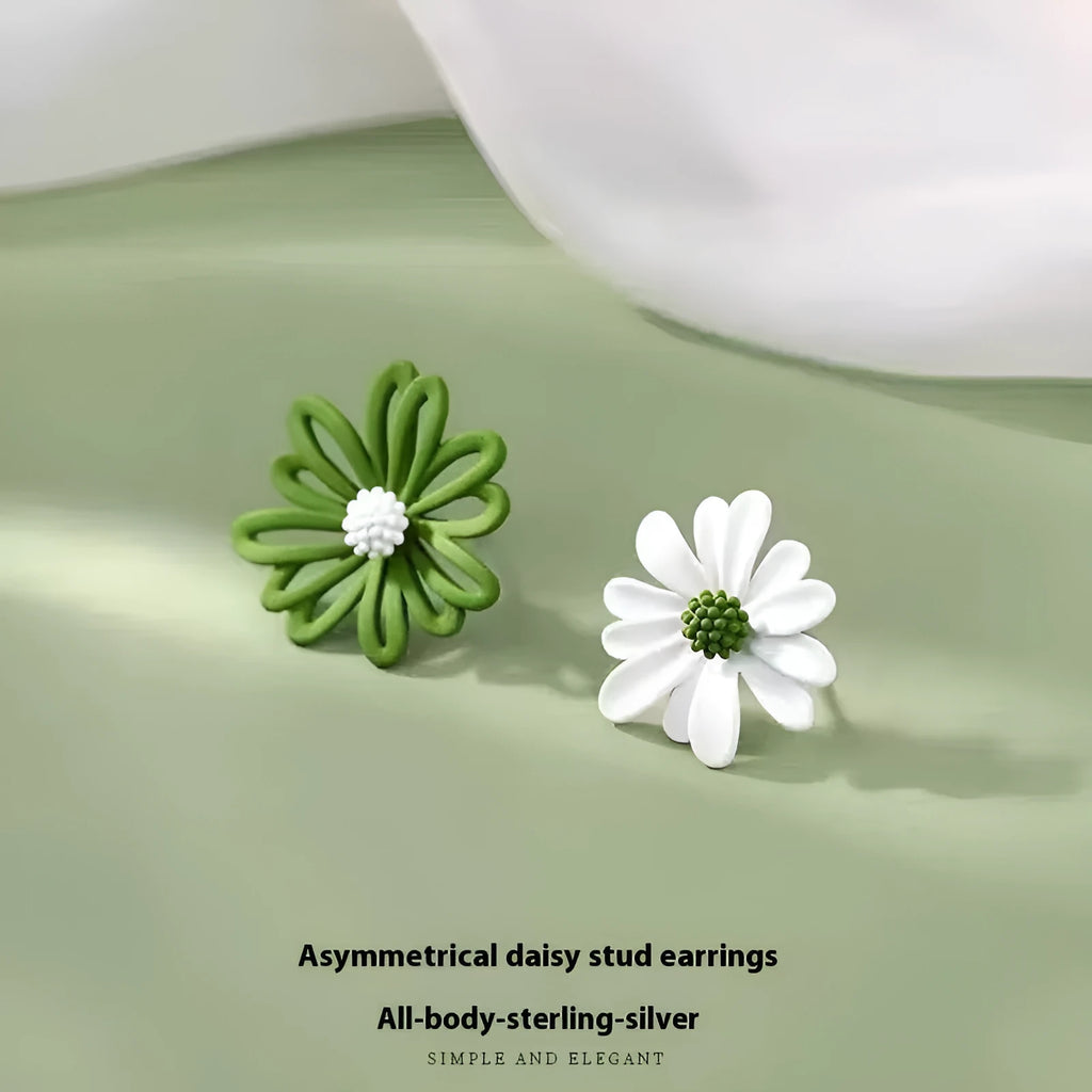 Women's alloy flower stud earrings in blue orange, white green, and yellow white two-tone colour combinations