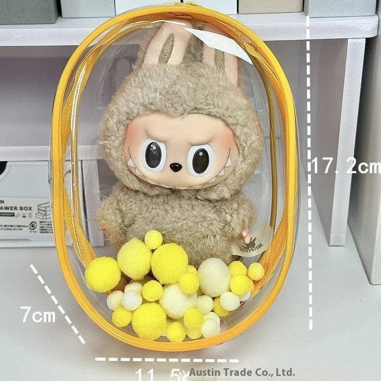 Transparent 17cm PVC cube storage bag with colourful ball keychain in avocado green colour