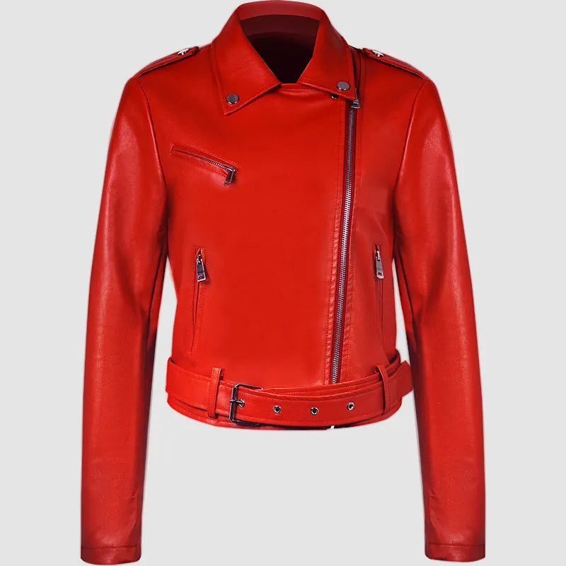 Red women's PU leather motorcycle jacket with a silver lapel short belt fastened at the waist.