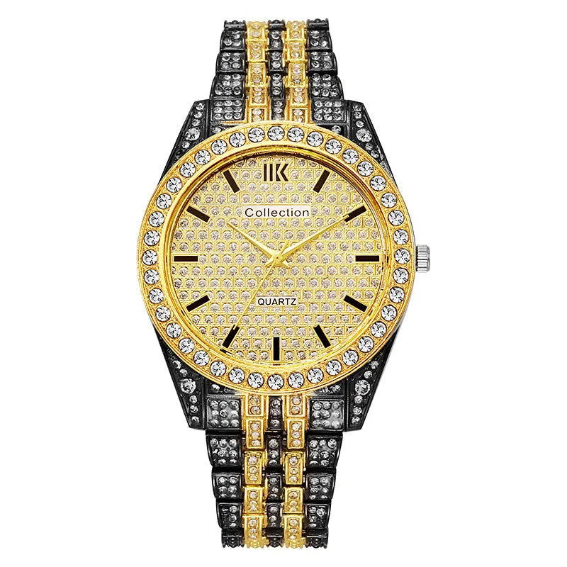 Fashion starry quartz watch with 40mm dial, spiral crown, and stainless steel buckle in black gold finish