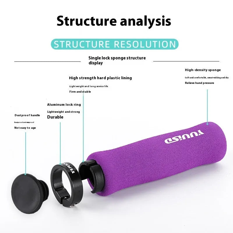 Mountain bike sponge handlebar grip covers in black, purple and biange colours showing soft material and lock-on design