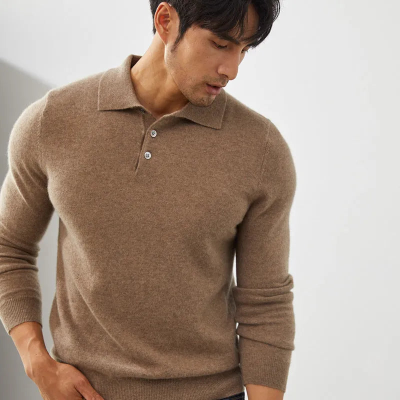 Men's sapphire blue cashmere pullover sweater with a polo collar in a loose fit.