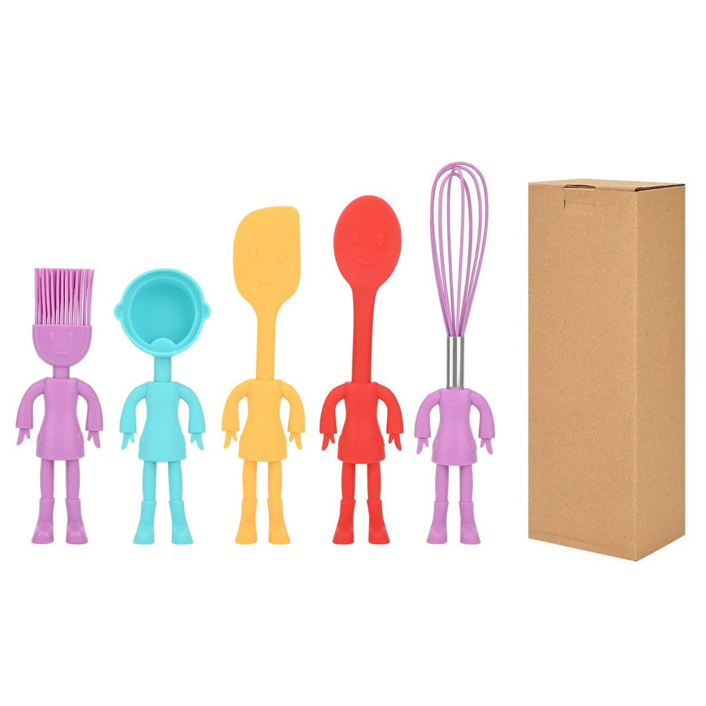 Children's baking silicone tools five-piece set with rolling pin, cutters and spatula in random colour box packaging
