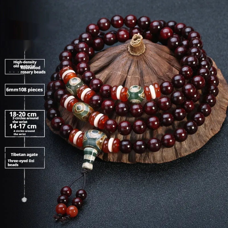 Men's rosewood bead bracelet with 108 beads, shown in a choice of lapis lazuli, turquoise, or red agate styles.