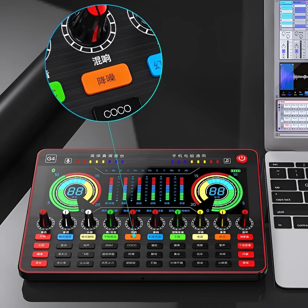 G4 professional live sound card with colour LCD screen, tuning knobs, and included microphone and cables