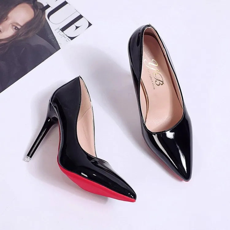 Women's solid colour stiletto heel pumps with pointed toe and shallow mouth design on a rubber sole.
