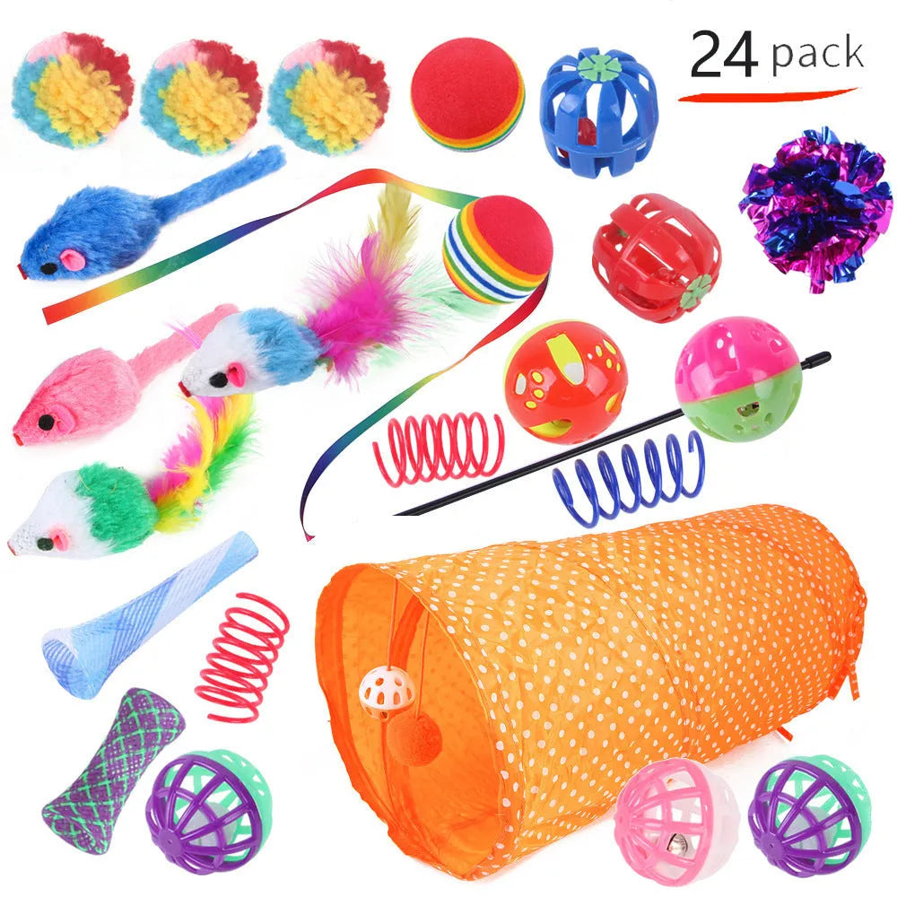 Plastic cat toy channel maze set with coloured accessories for feline play