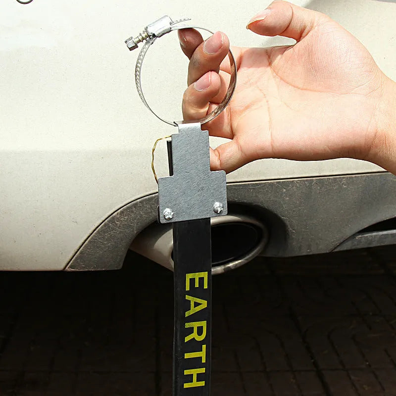 Black car electrostatic grounding belt with metal chain end, 370mm long, for saloon, SUV and van use.