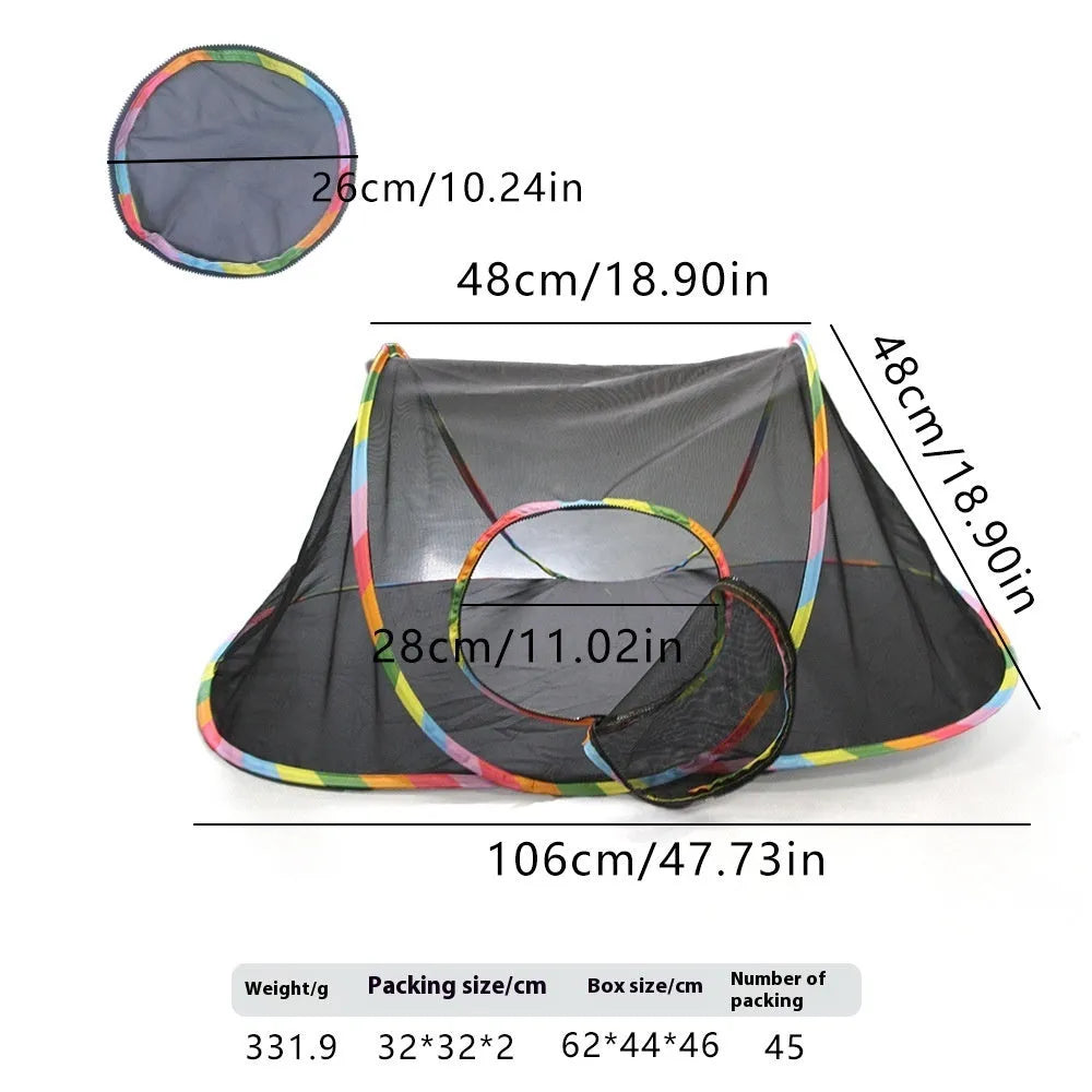 A foldable mesh cat play cage in a hexagonal style, showing open construction for pet visibility and interaction.