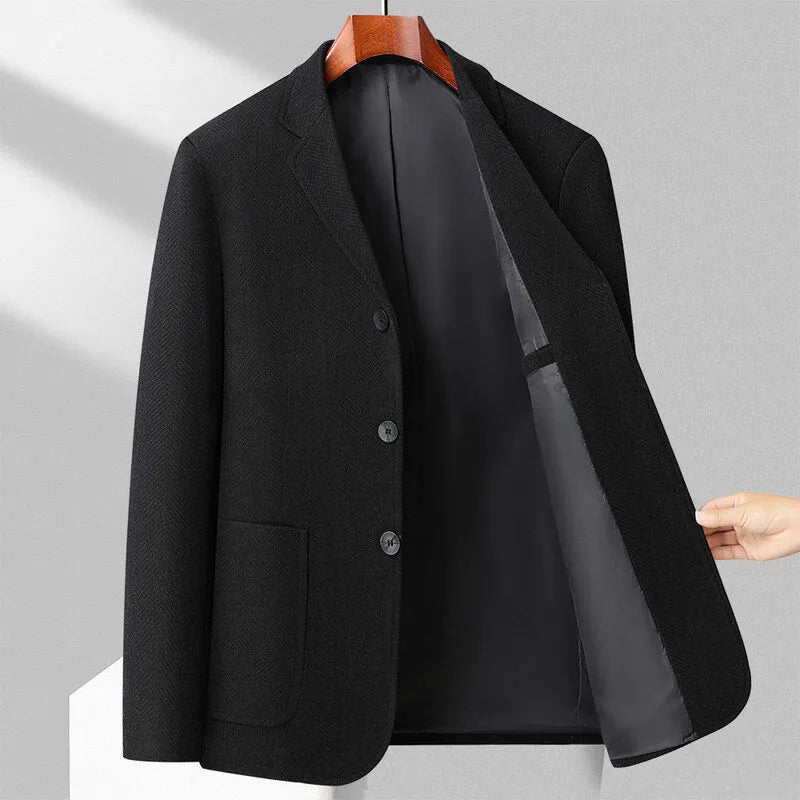 Men's loose fit casual coat in black, shown front-on, suitable for spring and autumn leisure wear.