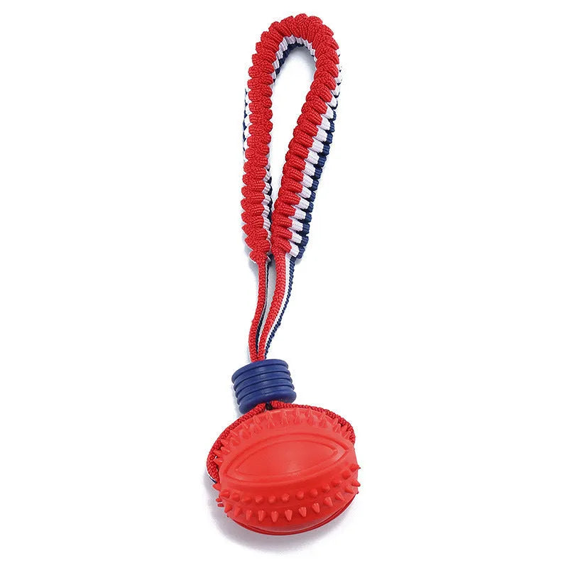 Blue and red dog ball with rope toy showing 6.5cm rubber ball attached to rope