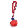 Blue and red dog ball with rope toy showing 6.5cm rubber ball attached to rope