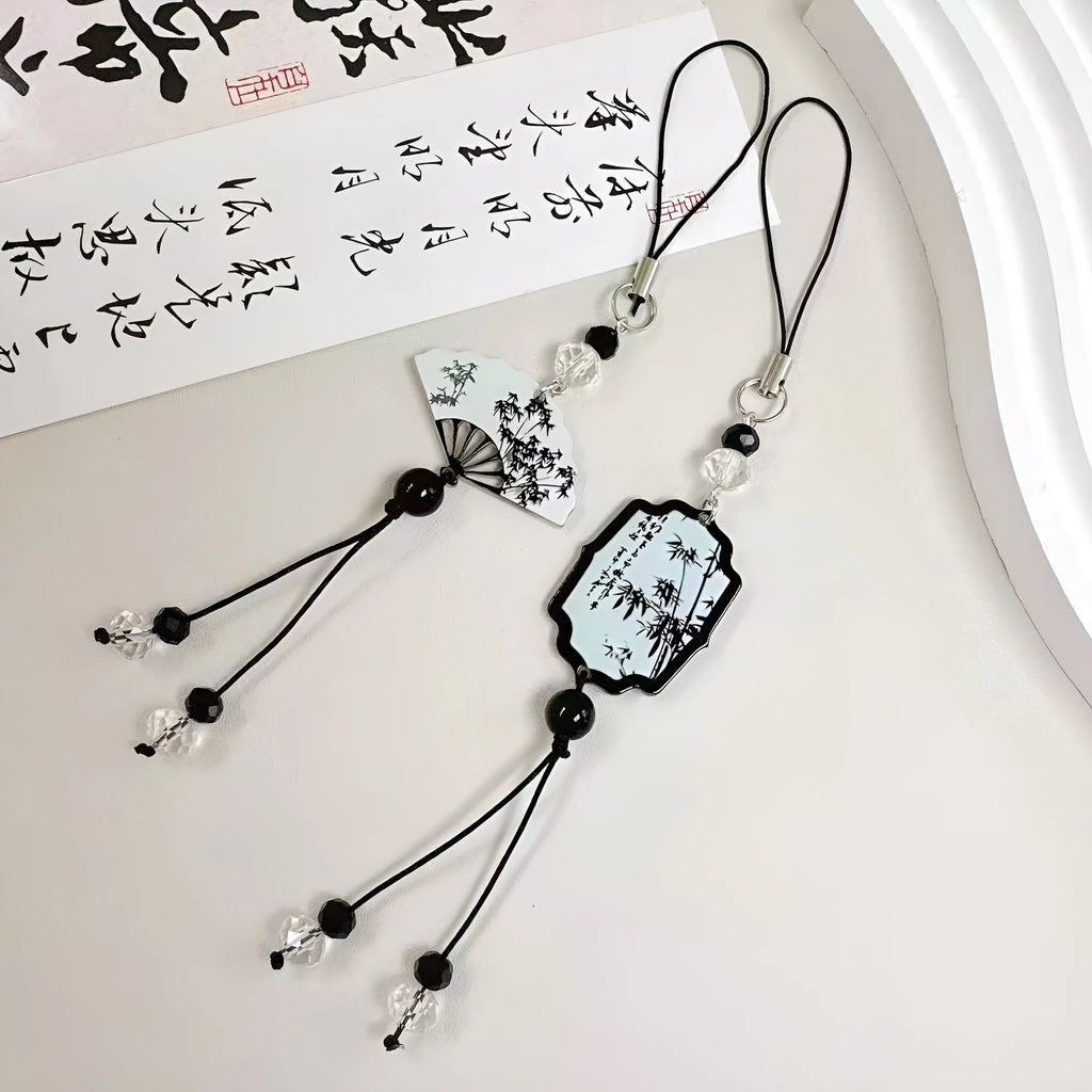 Chinese style plants pattern pendant keychain with baked varnish beads for schoolbag decoration