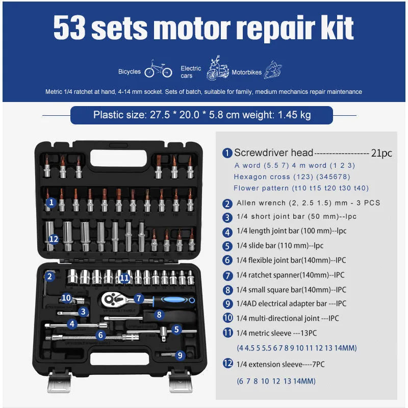 Chromium vanadium steel socket ratchet wrench set with multiple sockets in a case.