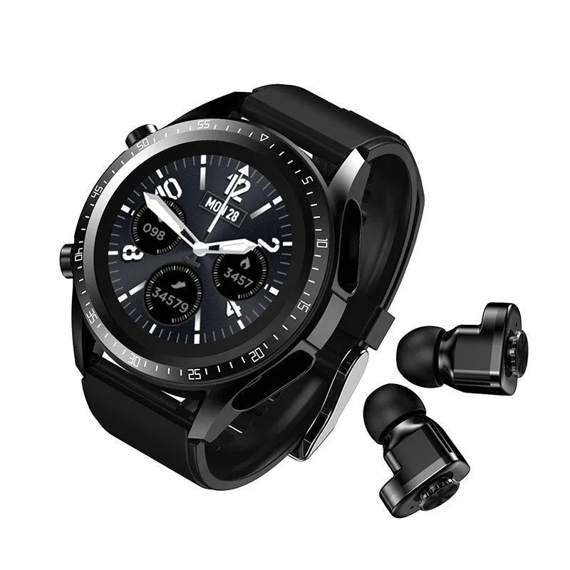 Black smart watch with a 1.28-inch screen displaying health stats on a silicone strap.