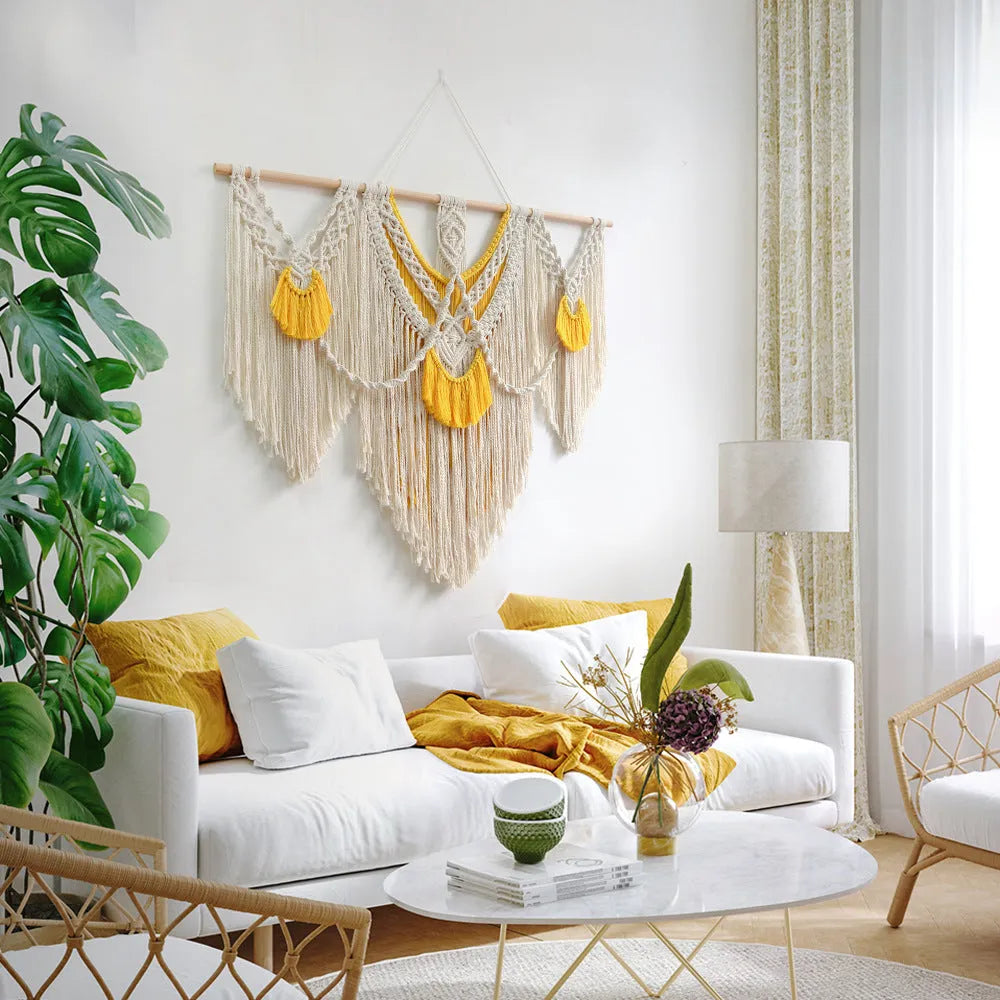 Nordic style creamy white cotton wall tapestry with hand-made weaving texture