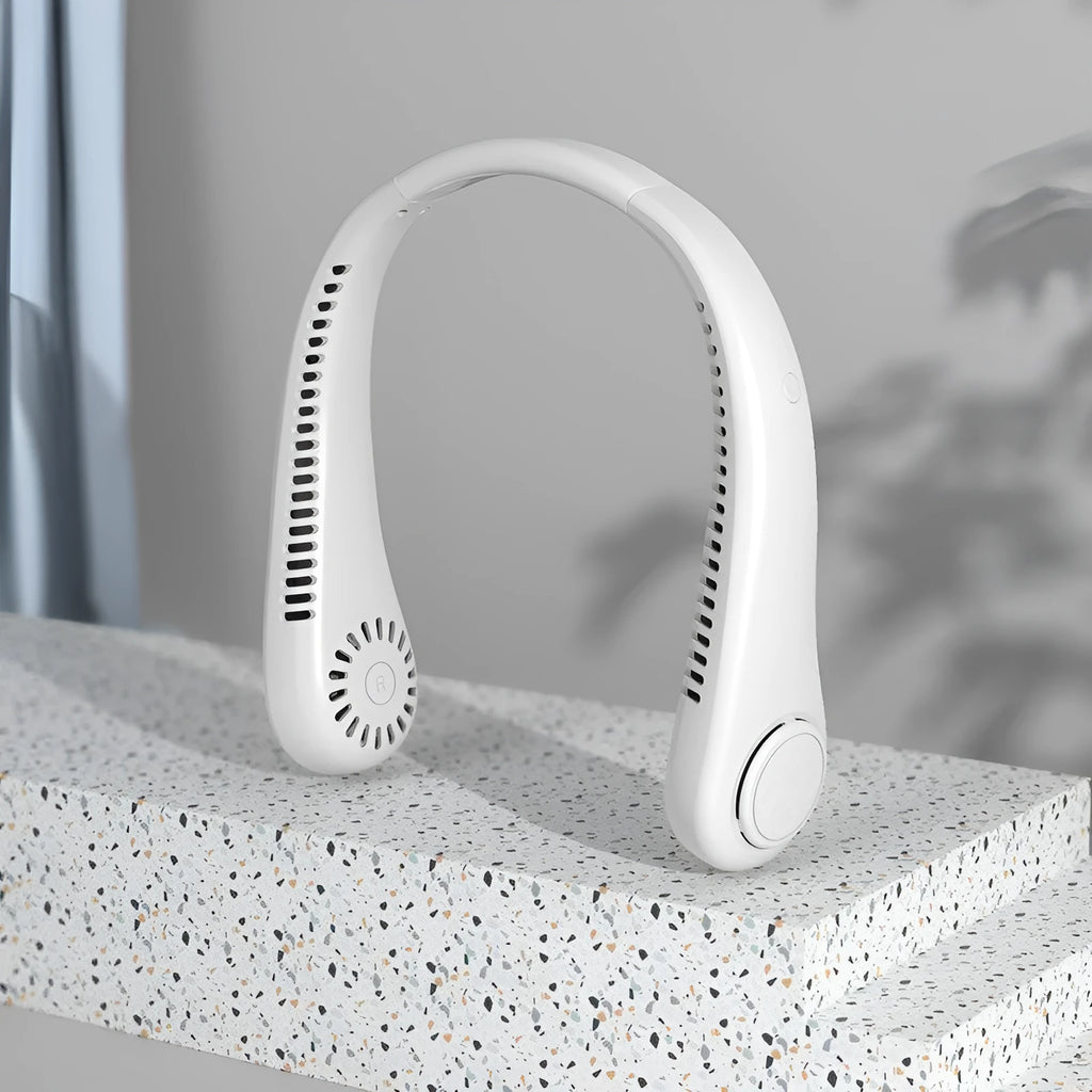 White USB rechargeable bladeless neck fan worn around a person's neck.