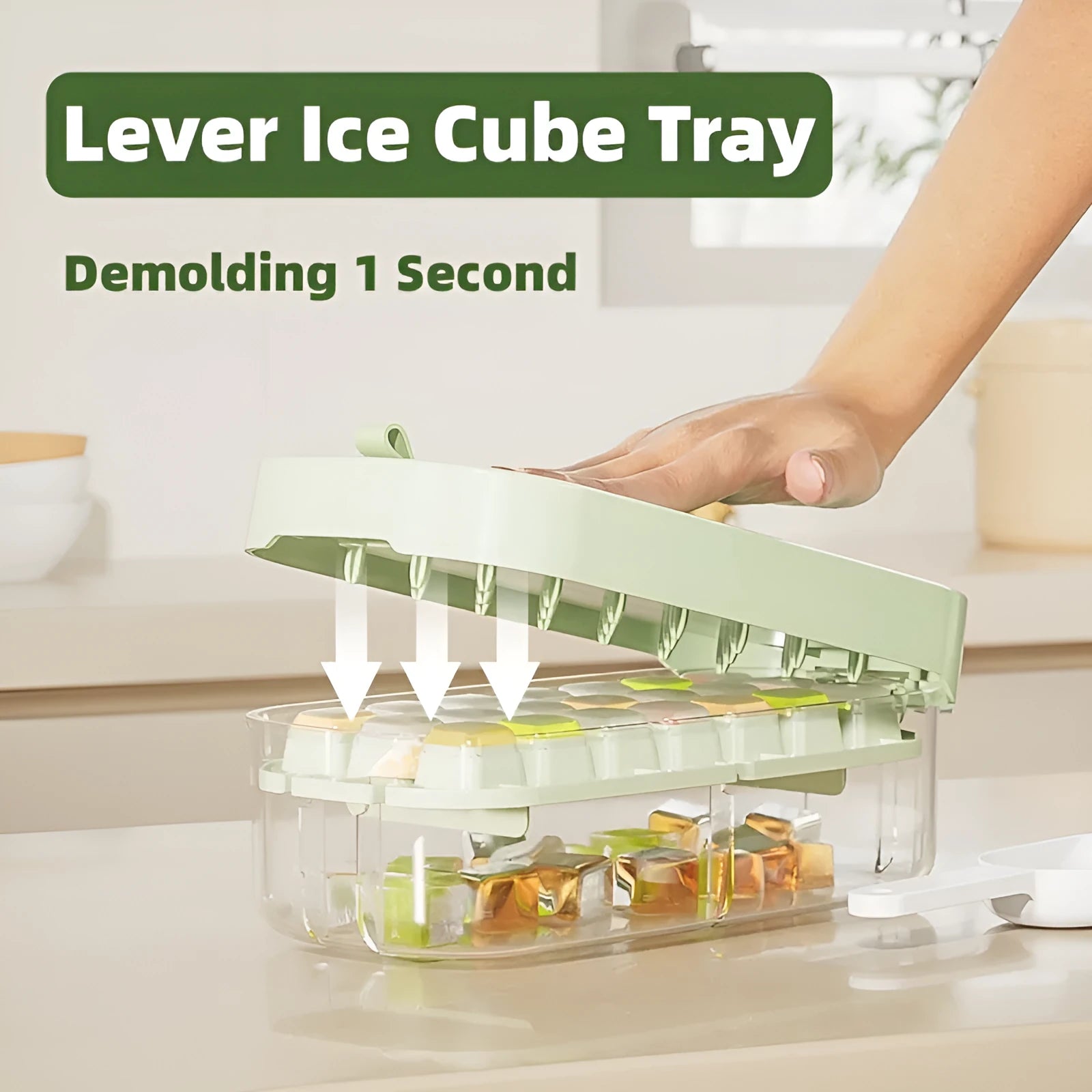 High-capacity plastic ice cube tray with grid pattern and ice shovel, shown in blue colour.