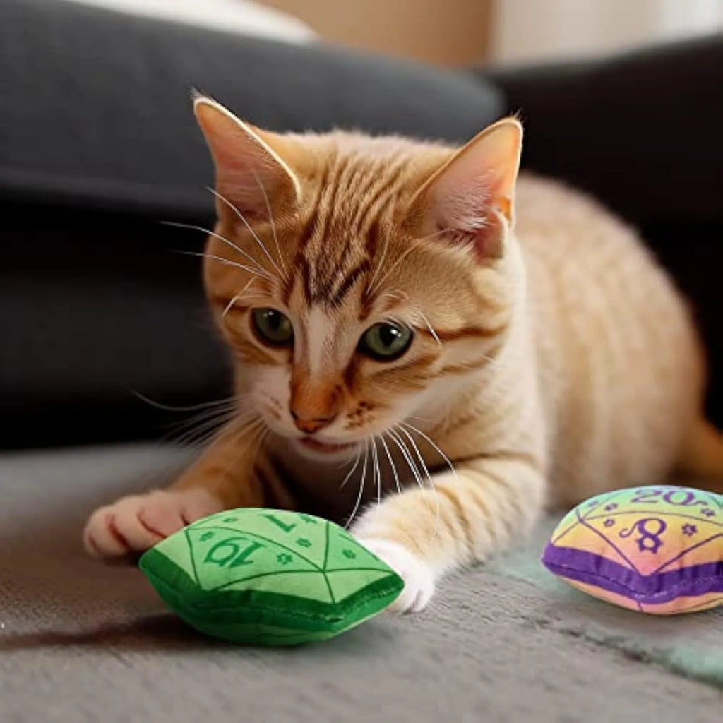 Blue dice-shaped plush cat toy with organic catnip filling for role playing games