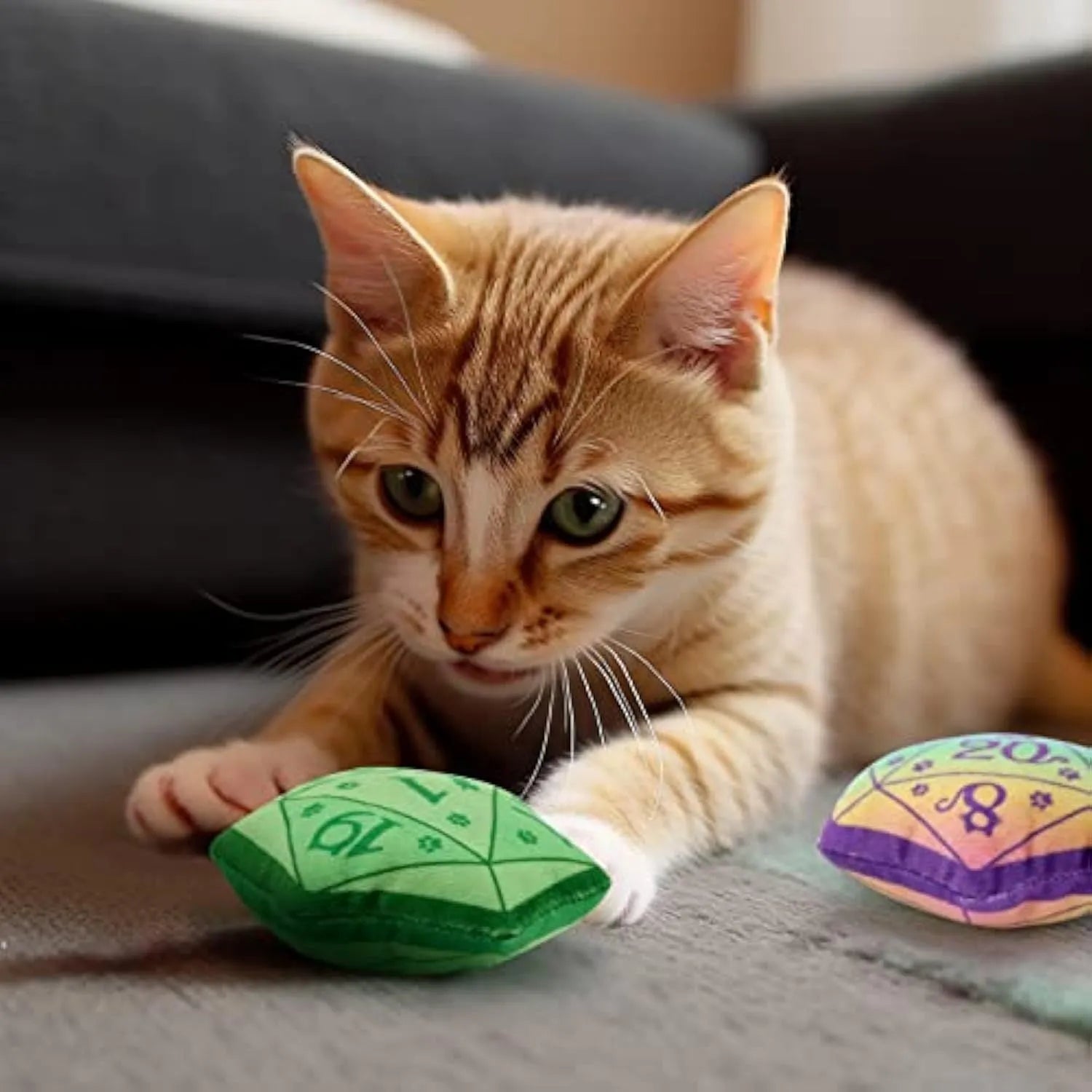 Blue dice-shaped plush cat toy with organic catnip filling for role playing games