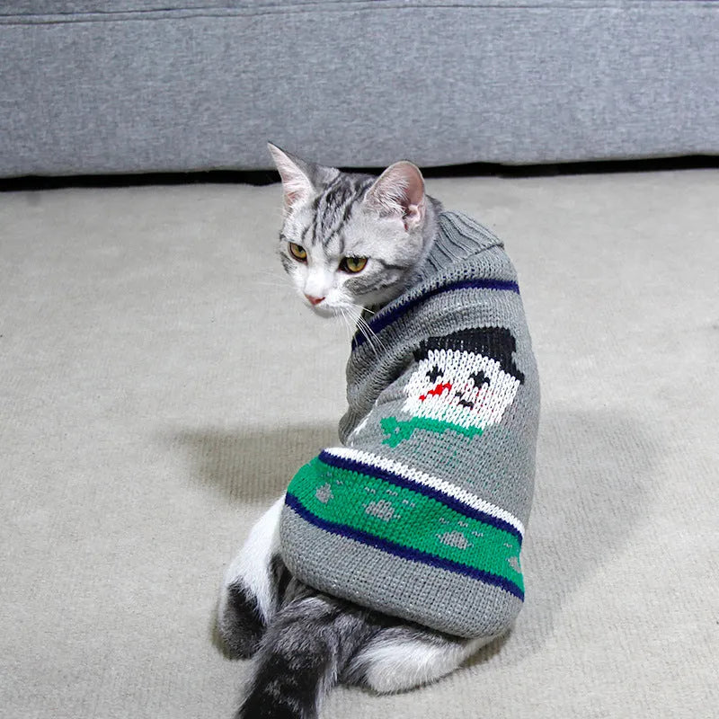 Acrylic pet sweater with high collar in Christmas tree deer big red colour on a dog, side view
