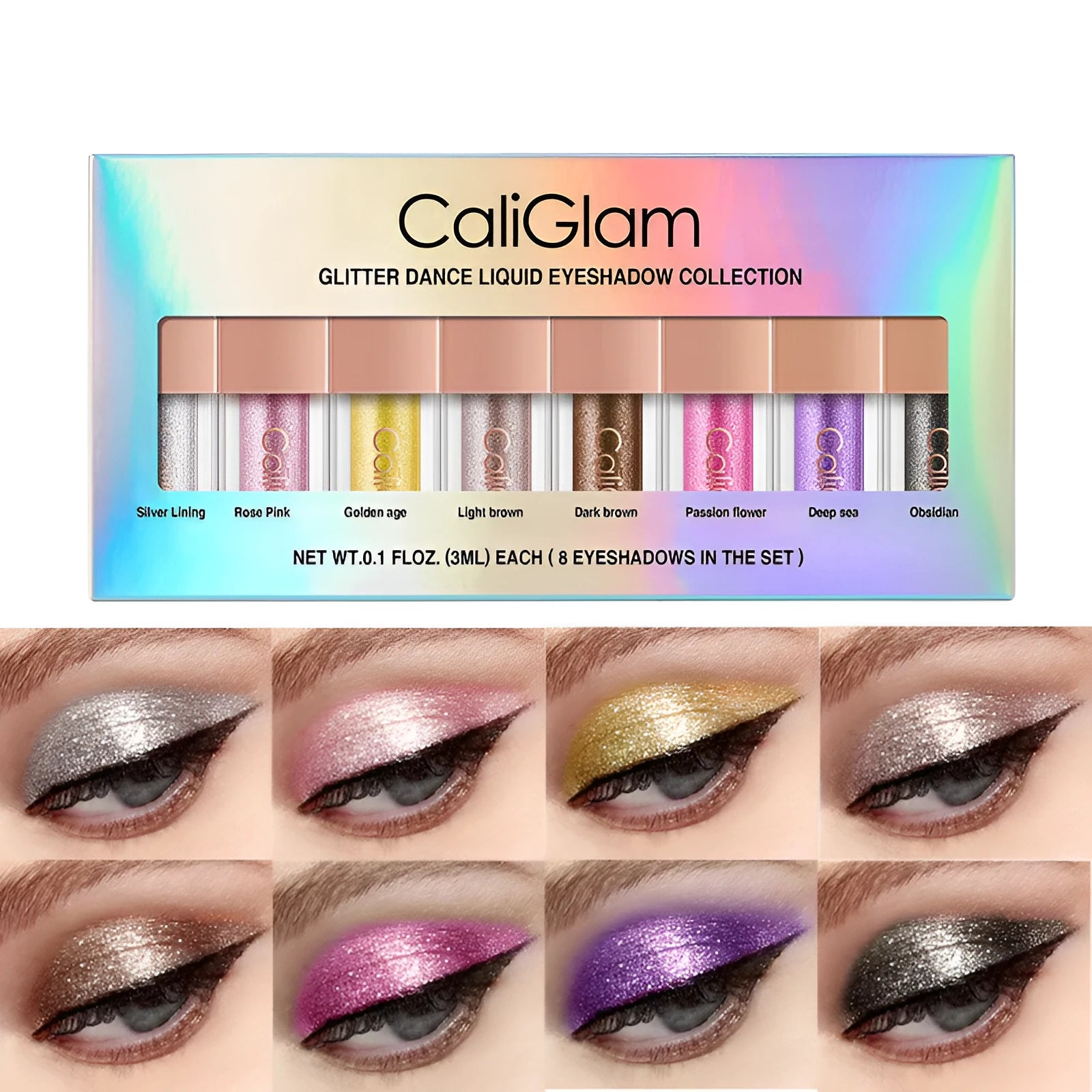 Liquid eyeshadow palette with eight multicolor pearl and glitter shades including black base, product code C005