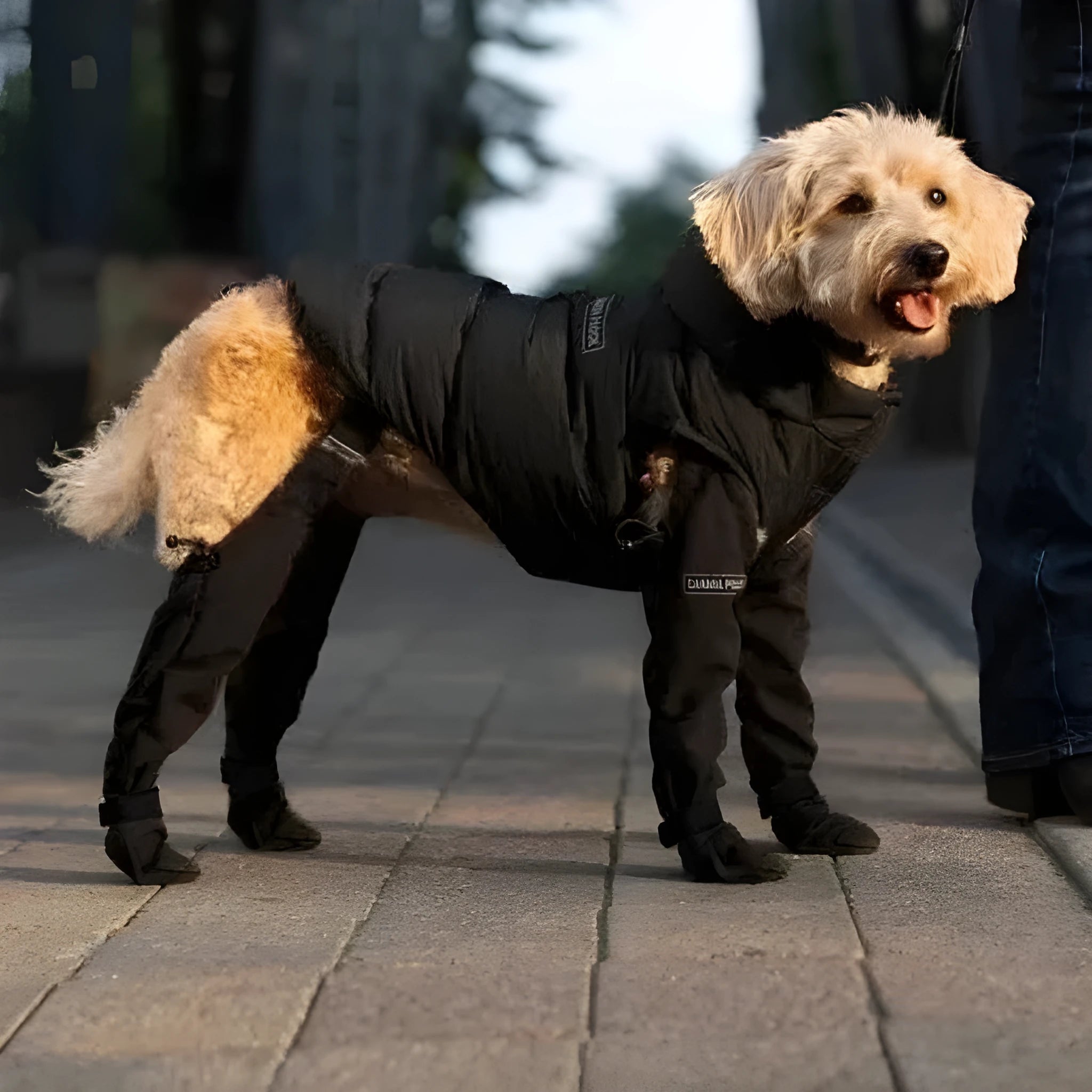 Black waterproof non-slip dog shoes in six sizes with adjustable straps for paw protection