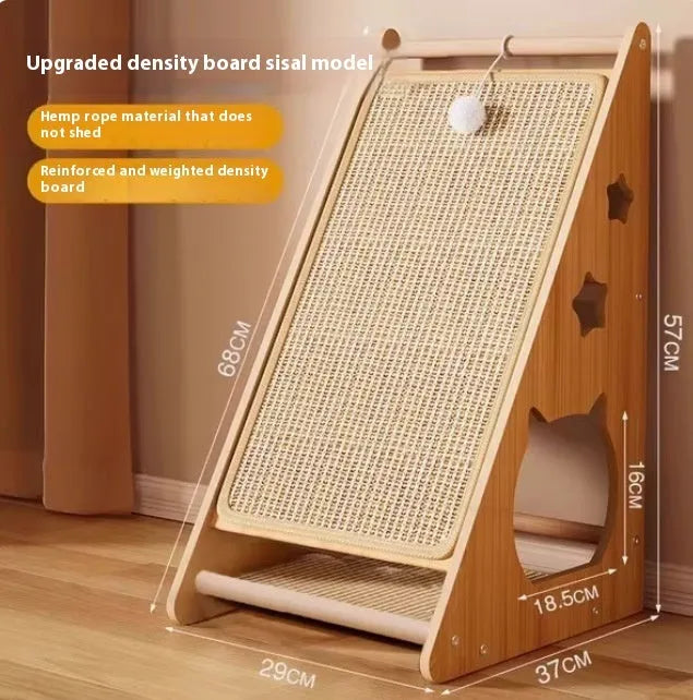 Vertical wall-mounted cat scratch board with sisal surface and teasing ball design