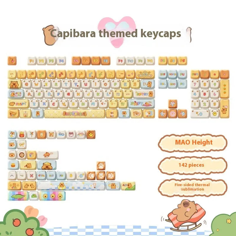 Sublimation printed PBT keycap set for mechanical keyboards showing cartoon pig and animal theme designs