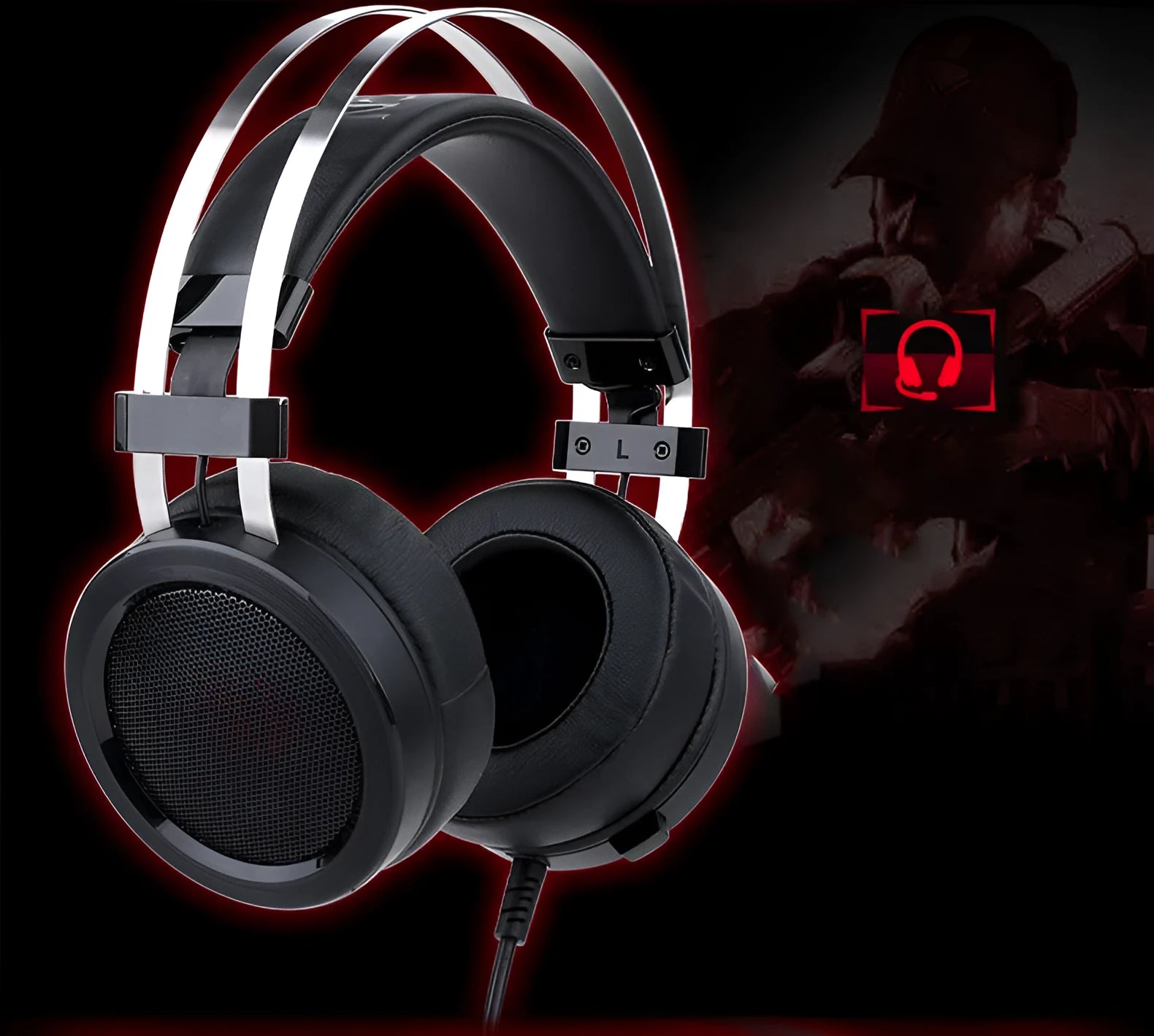 Black wired computer gaming headset with 3.5mm plug and 2-metre cable for desktop use